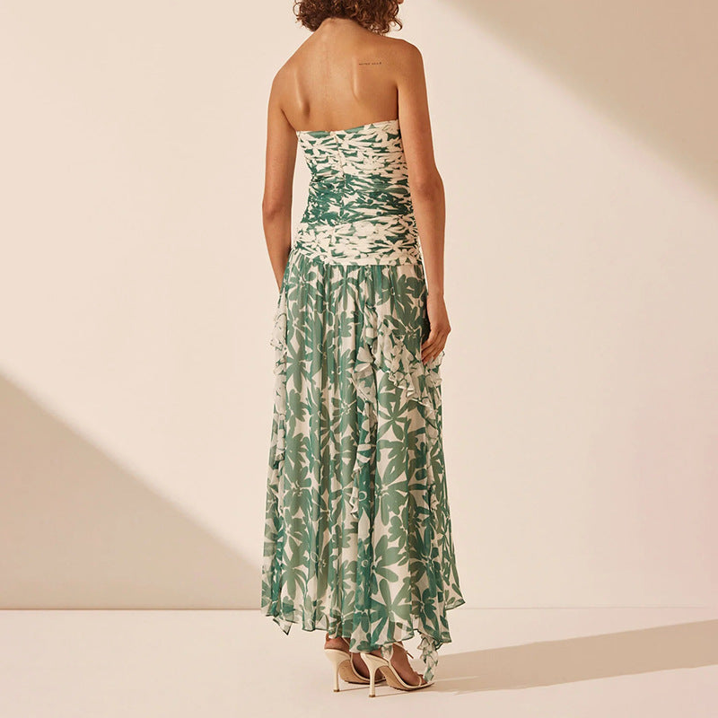 Women’s Retro Printed Tube-Top Maxi Dress