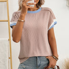 Women's Summer Round Neck Outside Seam Twist Strip Short Sleeve Loose Color Matching T Shirt