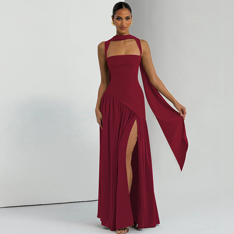 Winter Camisole Slim Solid Color Split Ribbon Dress