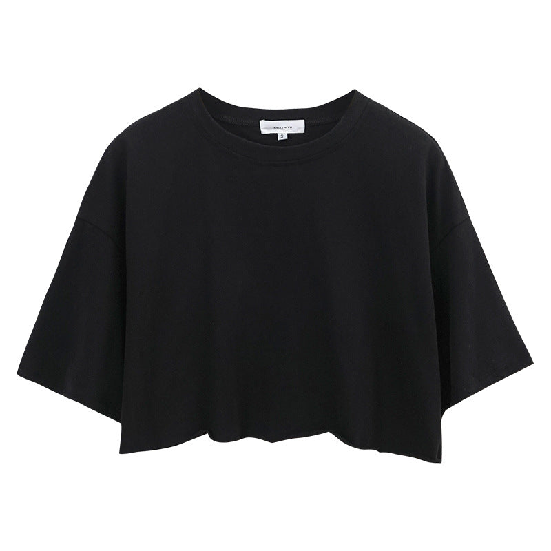 Women's Pure Cotton Solid Color Short Cropped Round Neck Sports