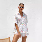 Spring Summer Printed Casual Shirt Shorts Office Two-Piece Set