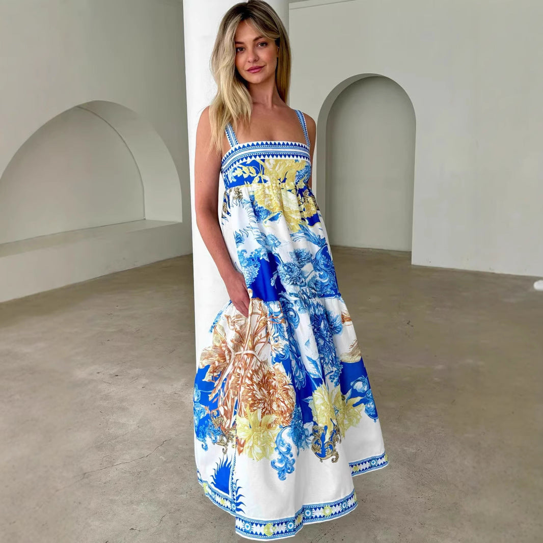 Women's Summer Vacation Long Positioning Printing Slip Dress