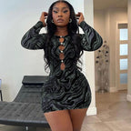 Women's Winter Printed Sexy Chest Hollow Out Cutout Long Sleeve Slim Hip