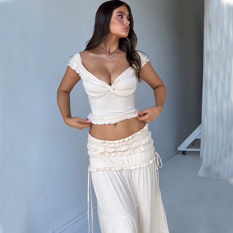 Women's Summer Cropped Low Cut Vest and Skirt Two-Piece Set