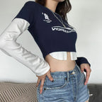 Women's Printed Contrast Cropped Long Sleeve Top
