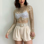 Women's Sheer Mesh Beaded Sequin Long Sleeve Top