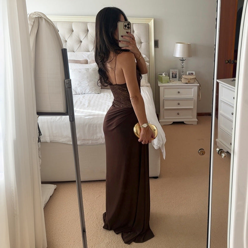 Women's Lace Ruched Asymmetric Maxi Dress