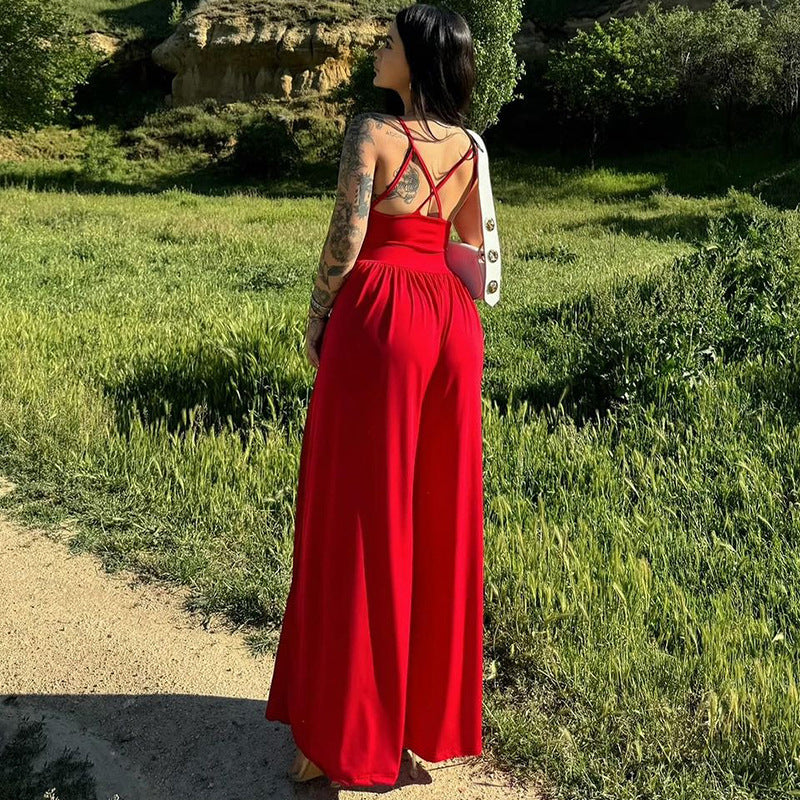 Women's Summer Sexy Backless Spaghetti Straps Loose Jumpsuit