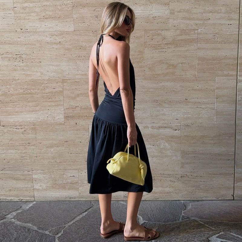 Deep V Plunge neck Bare Back Halter Strap Pleated Waist Tight Slit Dress