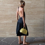 Deep V Plunge neck Bare Back Halter Strap Pleated Waist Tight Slit Dress