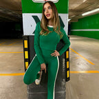 Contrast Color Long Sleeves Short Top High-Waist Trousers Casual Two Piece