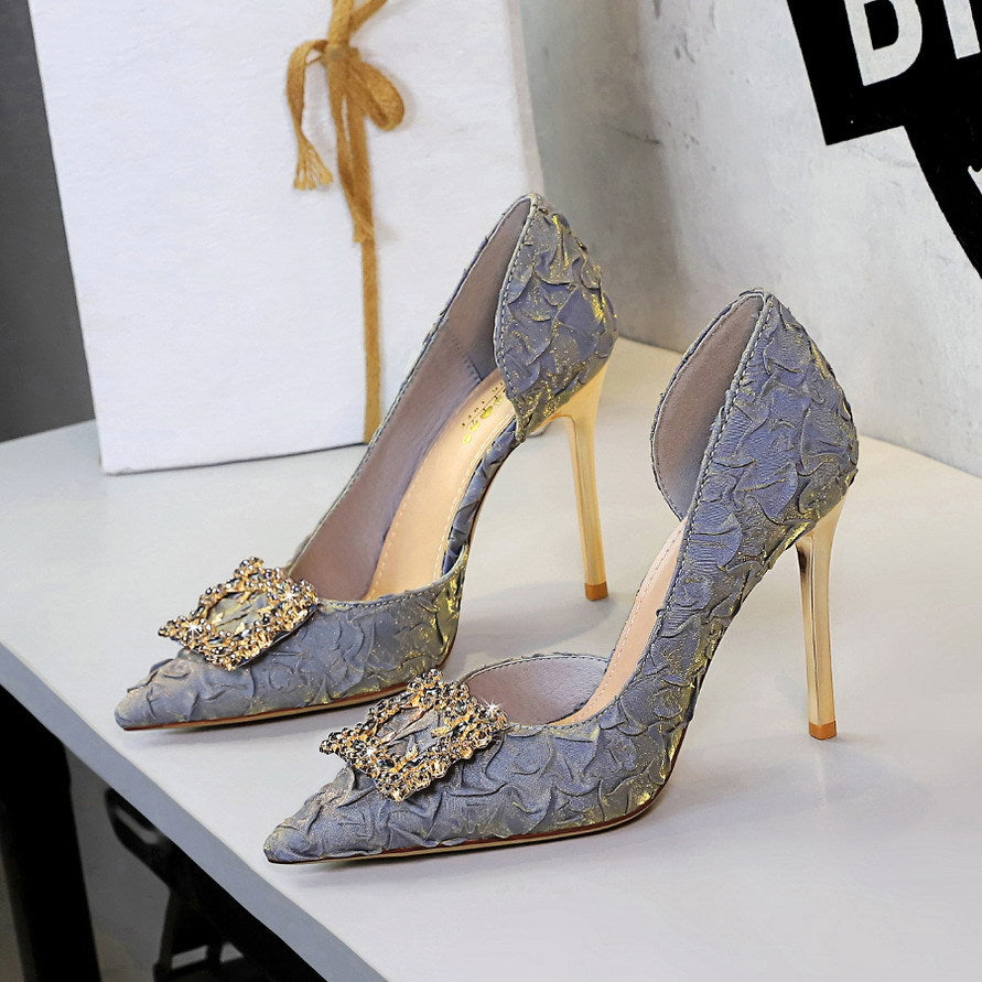 Women's Rhinestone Buckle Satin Wedding Heels