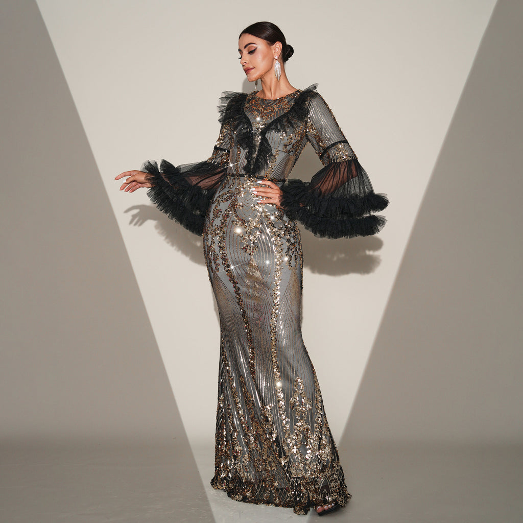 Women's Crew-Neck Sequin Fishtail Maxi Evening Dress
