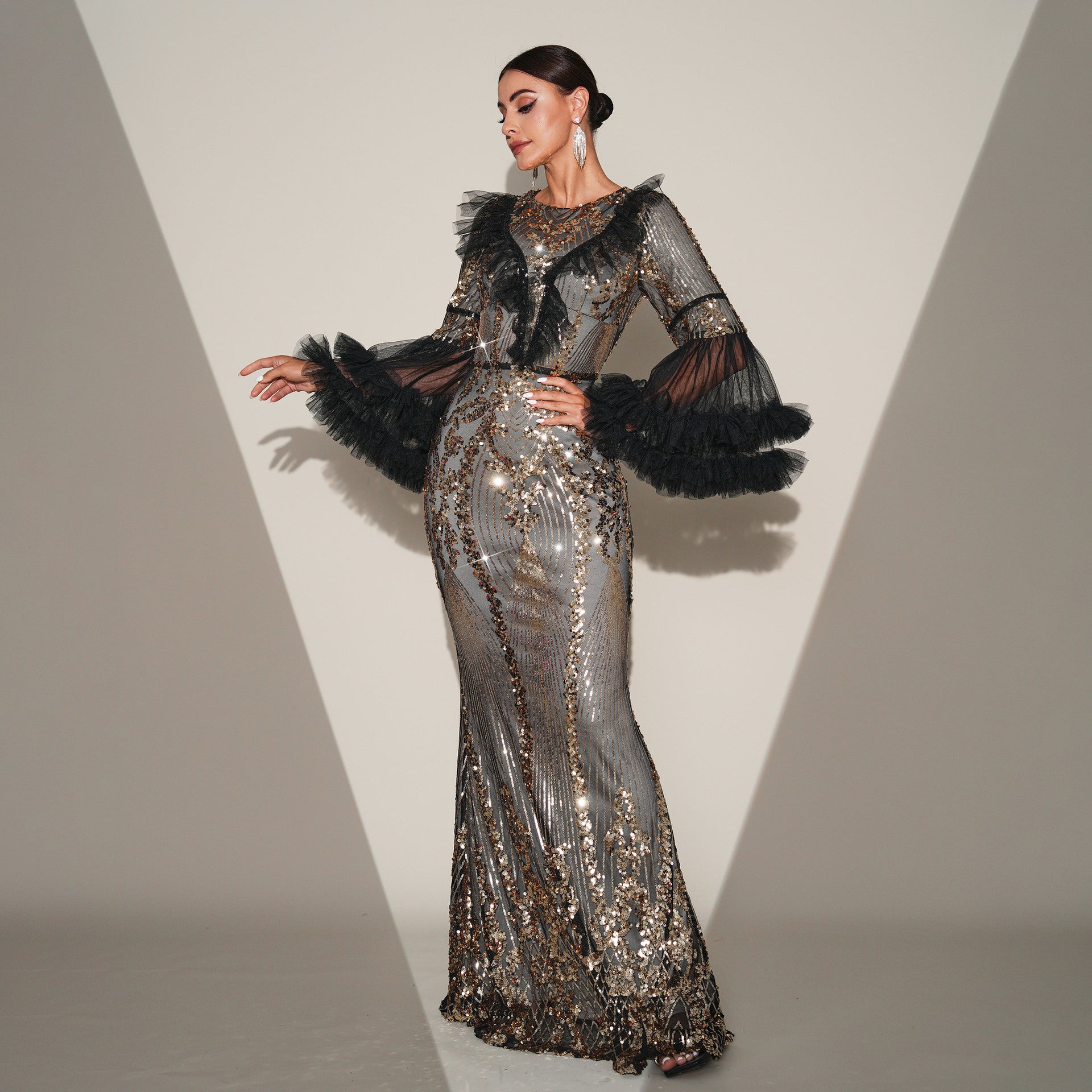 Women's Crew-Neck Sequin Fishtail Maxi Evening Dress