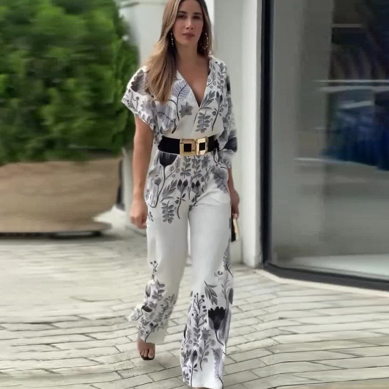Waist Controlled Straight Printing Jumpsuit
