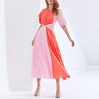 Women's Contrast-Color Short-Sleeve Midi Dress