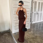 Summer Suit Women's Imitation Acetate Sexy Backless Lace up Halter Spaghetti Straps Vest Straight Skirt Two Piece Set