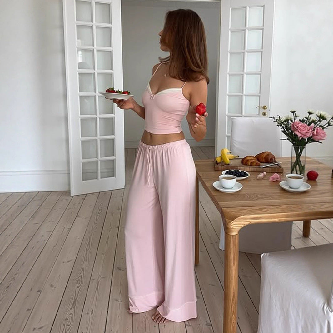 Ladies Home Casual Suit False Two Piece Patchwork Sling Top