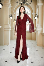 Women's Burgundy Lace V-Neck Long Sleeve Dress