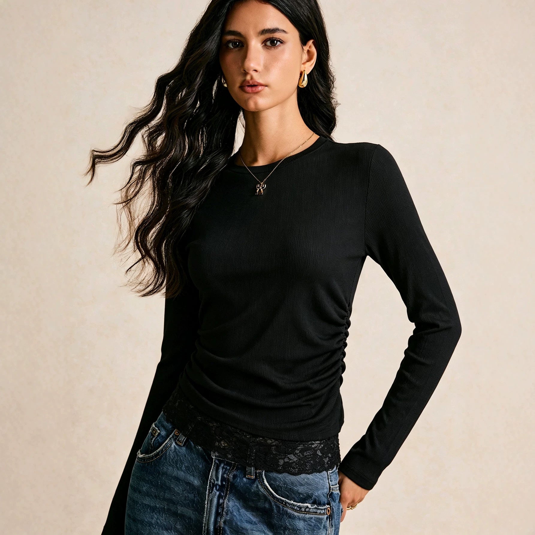 Elegant Black Long Sleeved Top Women Side Pleating Lace