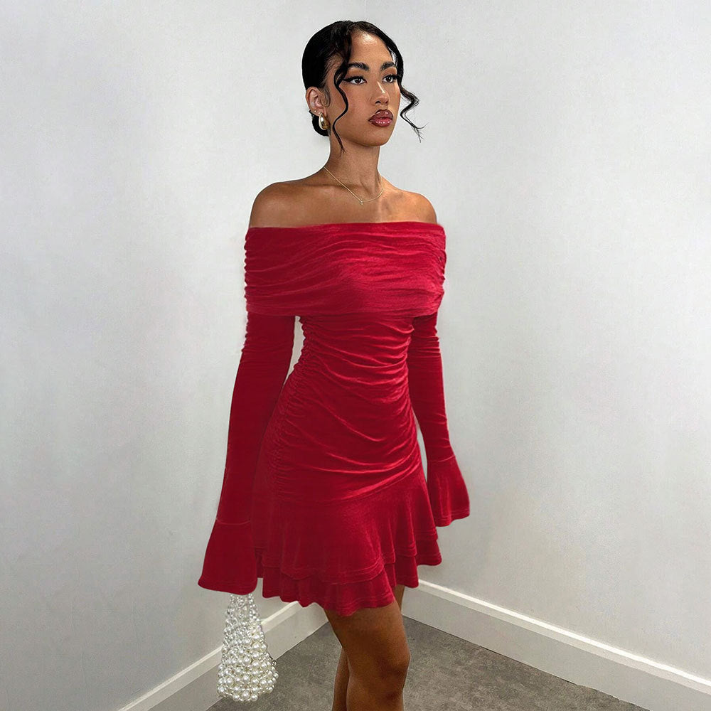 Women's Velvet Off-Shoulder Ruffle Dress