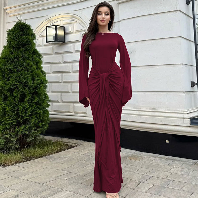 Women's Crew-Neck Tie-Waist Long-Sleeve Maxi Dress