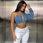 Women's Popular Strap Matching Long Sleeve Denim Top