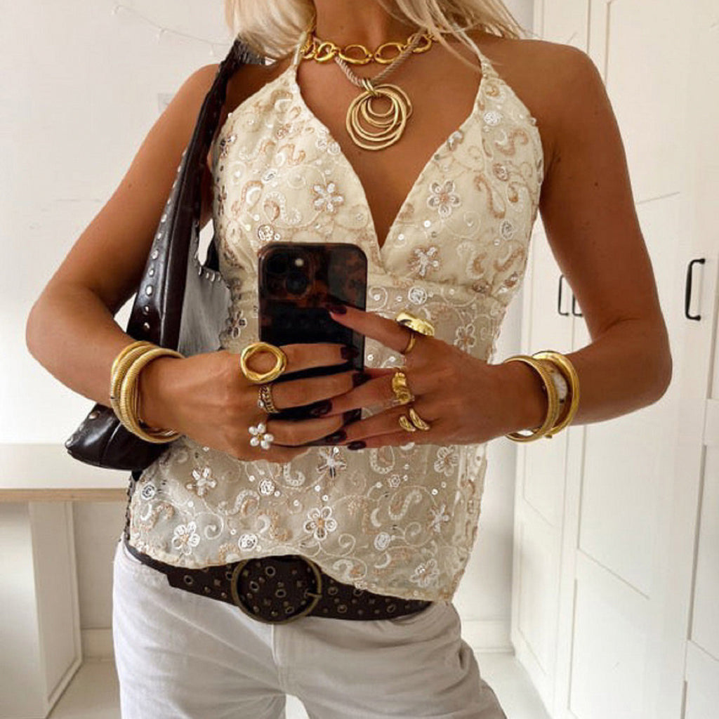 Women's Sequin Lace-Up Halter Backless Top