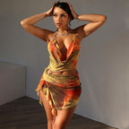 Women's Women Clothing Summer Printing Sexy Backless Lace Up Dress