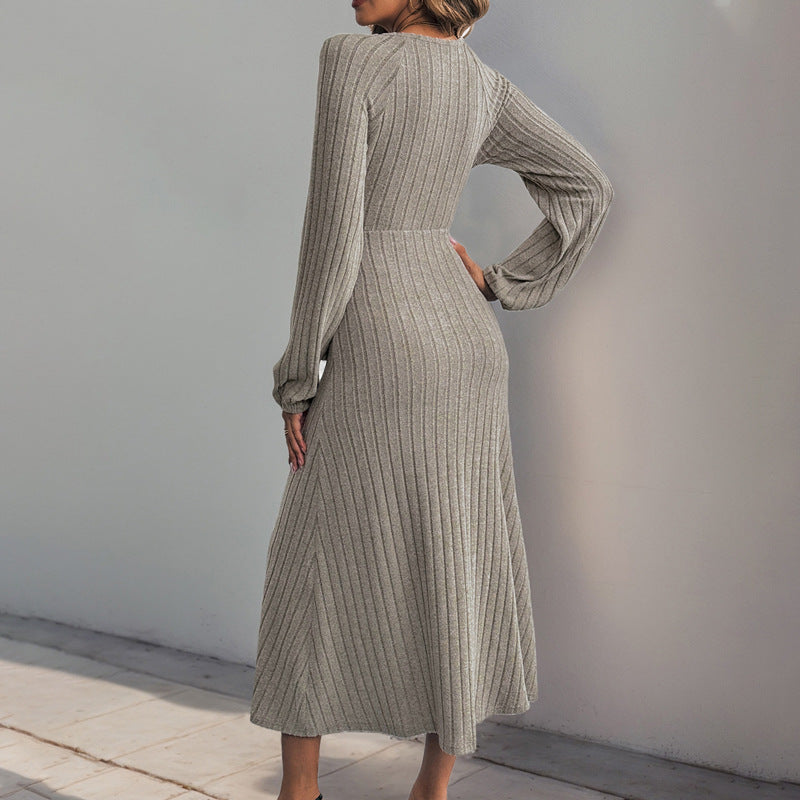 Women's Autumn Winter Midi V Neck Solid Color Button Lace Dress
