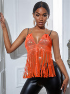 Fishnet Rhinestone Tassel Strap Vest