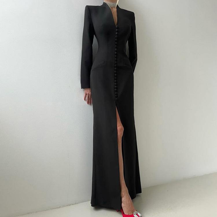V-Neck Long-Sleeve Split Maxi Dress