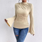 Women's Pleated Asymmetric Turtleneck Bell Sleeve Top