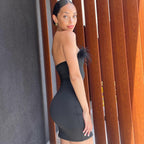 Women's Black Feather Strapless Split Bodycon Dress