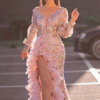 Floral Sequin Mesh V-Neck Split Bodycon Maxi Dress