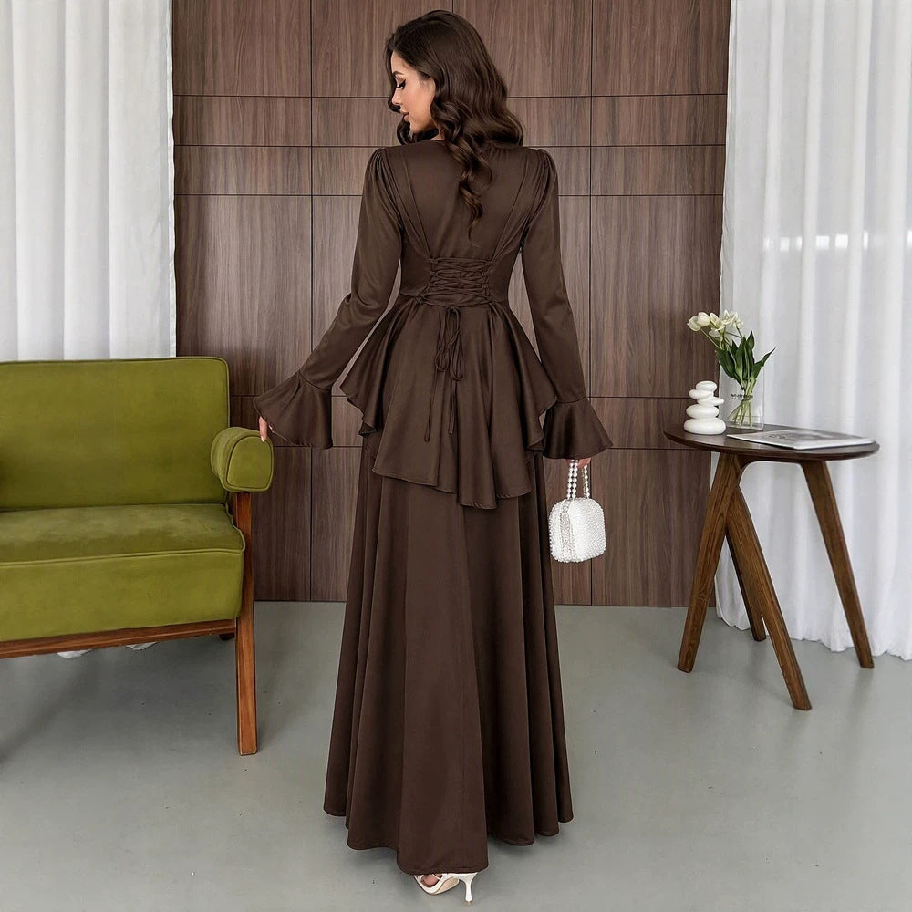 Women's Autumn Ladies Ruffled Flared Sleeve Elegant Maxi Dress