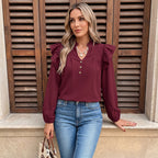 Women Pullover Blouse Early Autumn Ruffled Long Sleeve V