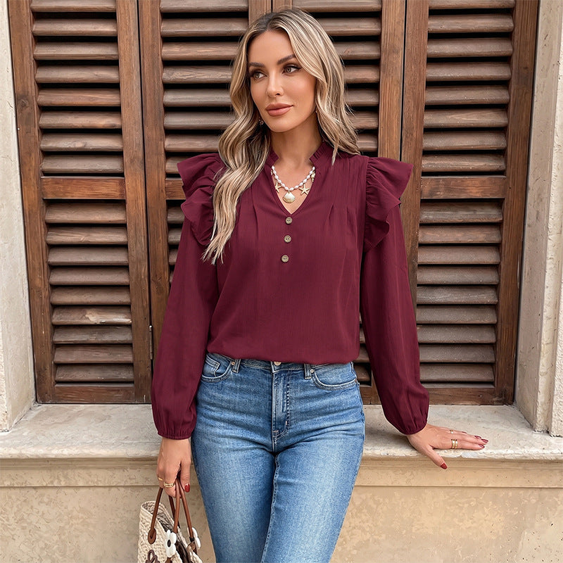 Women Pullover Blouse Early Autumn Ruffled Long Sleeve V