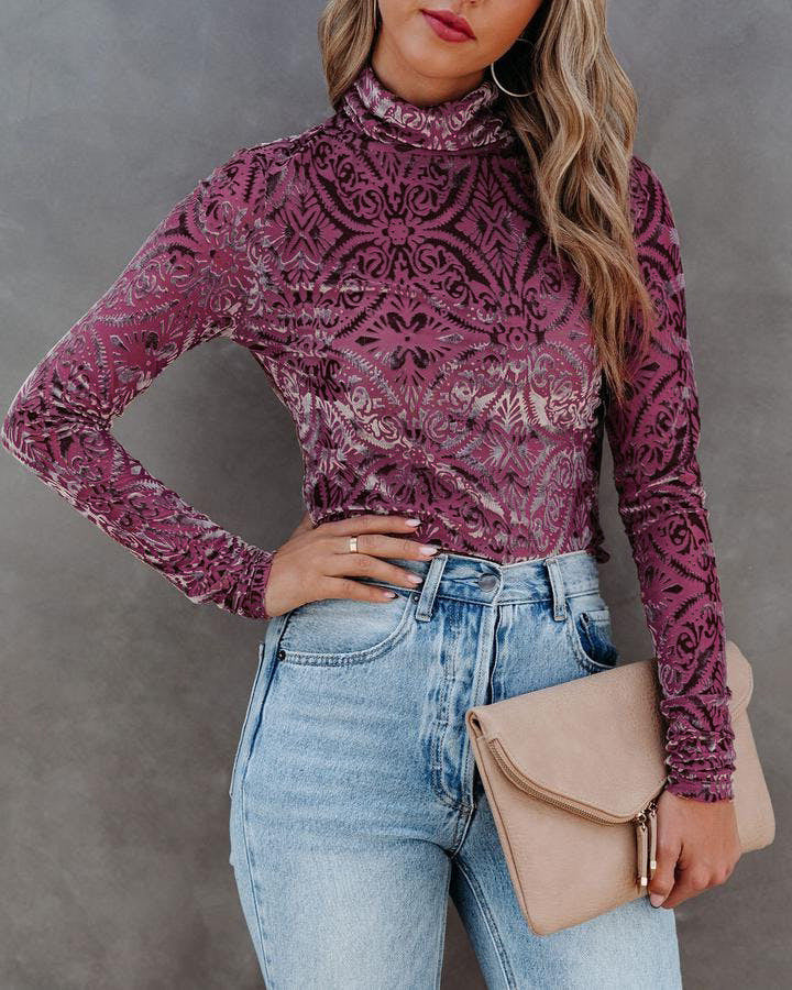 Women's Turtleneck Velvet Burnt-Out Bottoming Shirt