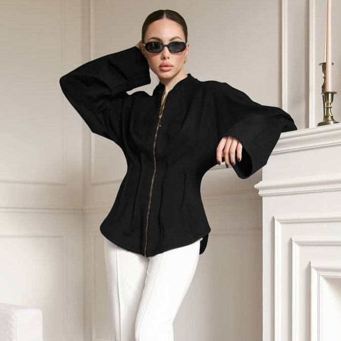 Black Stand Up Collar Woolen Coat Long Sleeve Zipper Pleat Waisted Sense Of