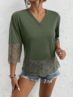 Women's Lace Panel V-Neck Three-Quarter Sleeve Top
