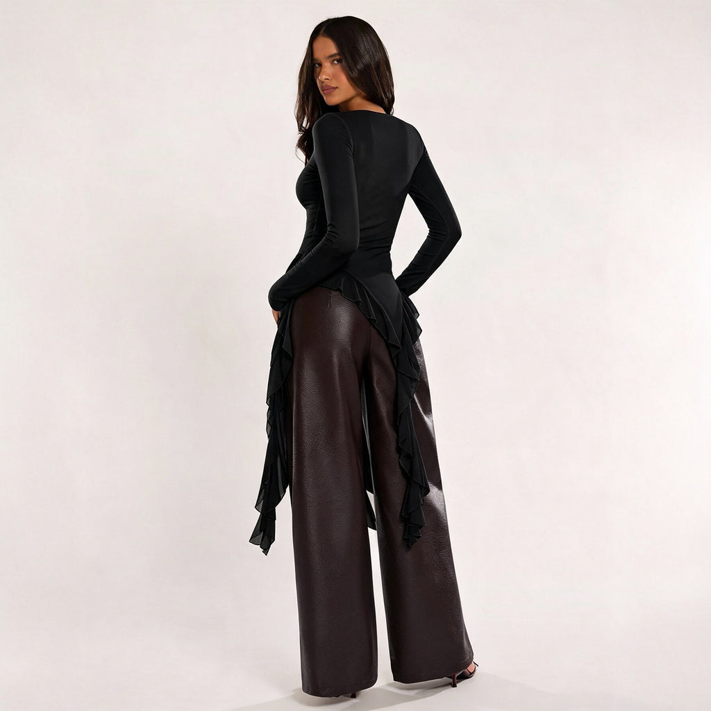 Women Clothing Irregular Asymmetric Ruffle Top Women Long Sleeved off Neck Elegant Slimming Bottoming Shirt