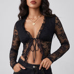Women's Women Clothing Sexy Sassy Lace See Through V Neck Cardigan Tied Lotus Leaf Long Sleeve Top
