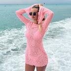 Women Clothing Summer Beach Triangle Cup Swimming Trunks Lace Long Sleeve Dress Three Piece Set
