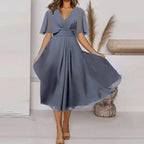 Summer Solid Color V Neck Waist Trimming Casual Swing Dress