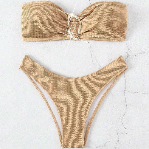 Brown textured bandeau bikini top and matching high-cut bikini bottom set