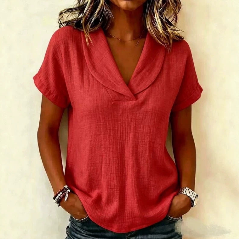 Summer V neck Short Sleeved Cotton Linen Shirt Women Loose Casual Solid Color Top
