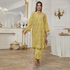 Autumn Middle East Muslim Saudi Casual V-Neck Printing Long-Sleeve Two-Piece Set