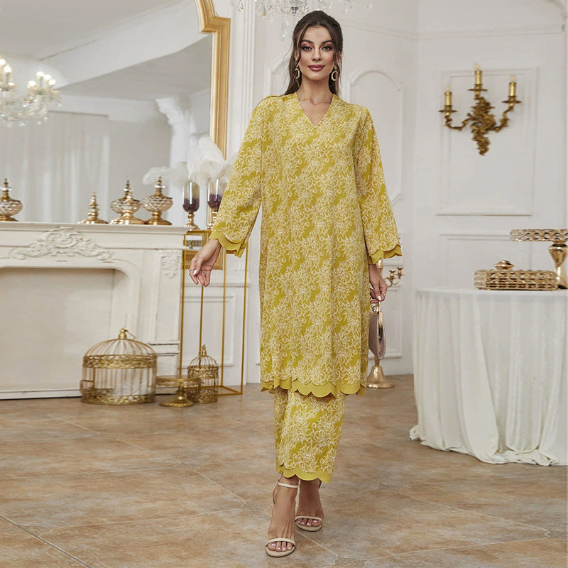 Autumn Middle East Muslim Saudi Casual V-Neck Printing Long-Sleeve Two-Piece Set