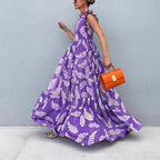 Violet Print Sleeveless Large Hem Dress